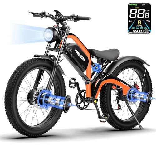 Electric Bike for Adults,2000W Ebike with 52V Removable Battery,7-Speed E Bike, 26" FatTire Ebikes for Adults Up to 35MPH & 67 Miles Full Suspension Dual Hydraulic Brakes,UL 2849 Certified (Orange)