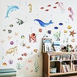 Sea Turtle Ocean Fish Wall Decals Glow in The Dark, Under The Sea Life Animals Stickers for Ceiling, Girls Boys Waterproof Decoration for Living Room Wall Bathroom Toilet