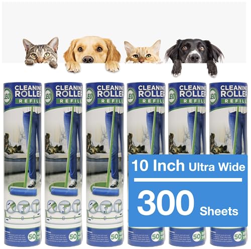 Leo MegaClean 10-Inch Wide Lint Roller Refills 6 Rolls 300 Ultra-Wide Sheets for Lint Removers Household Cleaning Easily Remove Pet Hair Dust and Debris from Floors Carpets and Furniture