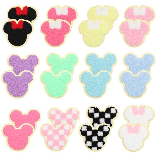 DANUDON 24PCS Chenille Mouse Head Iron on Patches, Colorful Bow Mouse Glitter Chenille Iron on Patches Gold Trimmed Embroidered Fabric Patches Applique Sew on Patch for Clothing Backpack DIY
