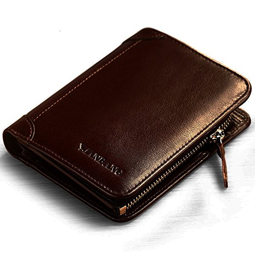 MANBANG Men's Genuine Cowhide Leather Extra Capacity RFID Bifold Wallet with Zipper Coffee