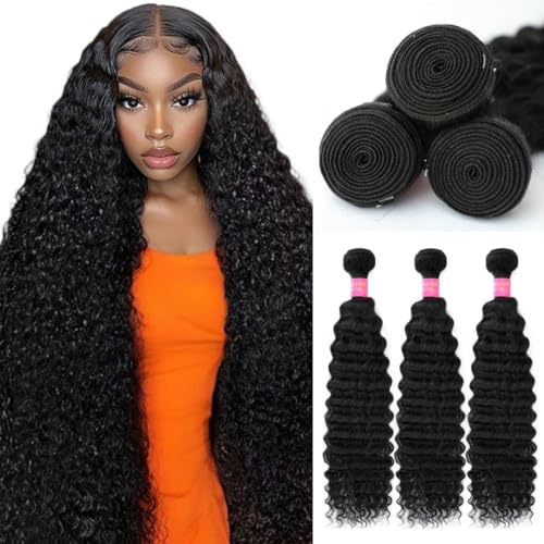 12A Deep Wave Human Hair Bundles 22 24 26 Inch 100% Unprocessed Brazilian Virgin Hair Deep Curly Weave Human Hair 3 Bundles Real Human hair Deep Wave Bundles for Women Natural Black
