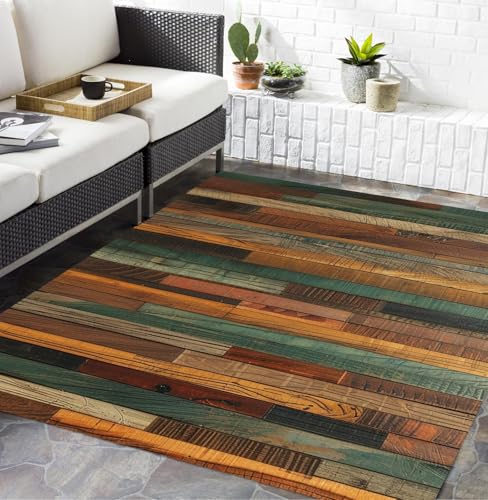 Retro Natural Brown Green Orange Wood Slats Outdoor Rug for Patio Deck Backyard Garden Front Porch Rustic Wood Grain Print Rugs Breathable Waterproof Washable Outdoor Carpet 5x8 Anti Slip Mat