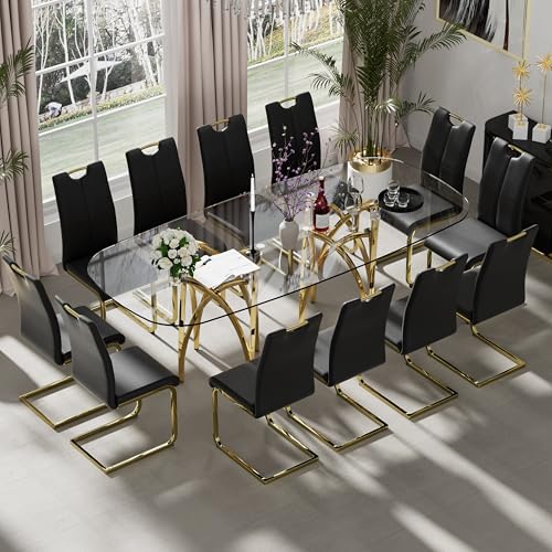 Modern Luxury Dining Table Set for 12, 87'' Clear Rectangle Glass Top Dinner Set, 13 Pcs Minimalist Oval Kitchen Table Set, Black PU Faux Leather Dining Chairs, for Living Room Large Apartment (Gold)