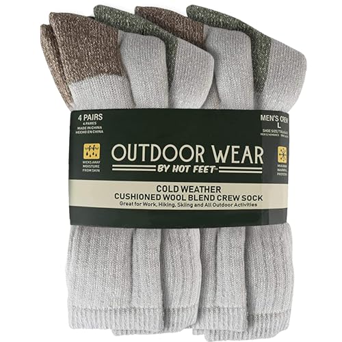 HOT FEET 4 Pack Work Socks for Men & Women - Breathable Boot Hiking Socks, Moisture Wicking Thick Wool Socks, Sizes 6-12.5, Man, Green & Brown