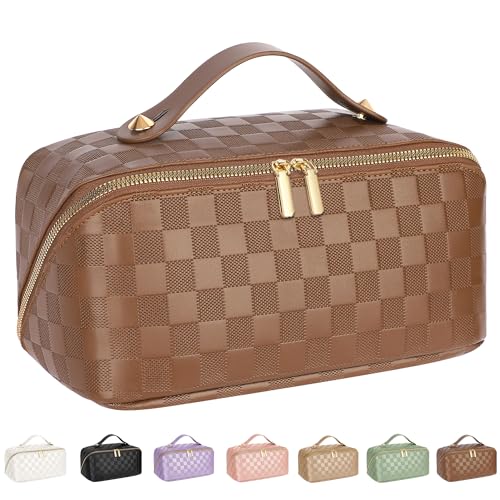 ALEXTINA Large Capacity Travel Cosmetic Bag - Portable Women Waterproof PU Leather Checkered Makeup Organizer with Dividers and Handle,Toiletry Bag for Cosmetics, Brown