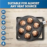 StarBlue 7-Hole Cast Iron Aebleskiver Pan Detachable Wooden Handle, Pre-Seasoned, Aebleskiver Sticks and Recipe Book Included