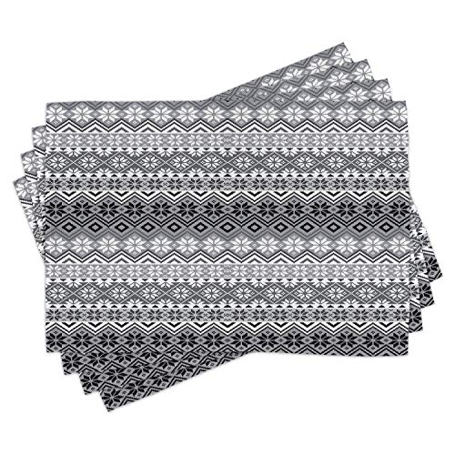 Ambesonne Grey Place Mats Set of 4, Nordic Snowflake Knit Patterns Scandinavian Motifs Traditional and Modern Print, Washable Fabric Placemats for Dining Table, Standard Size, Gray White