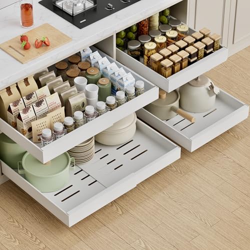 PAKETA 4 Pack Expandable Pull Out Cabinet Organizer, 21'' Deep Pull Out Drawers for Cabinet, Upgrade 3 Slide Rails Sliding Drawers for Cabinet with Adhesive Nano Film (White)