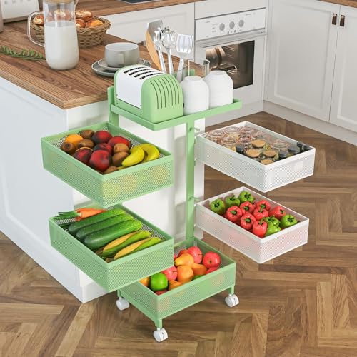 xinyourui Rotating Kitchen Storage Rack No Assembly, Fruit Basket,Bathroom Storage Cart,Kitchen Organizers and Storage Cart on Rolling Wheels(Green White, 5 Tier-Square)