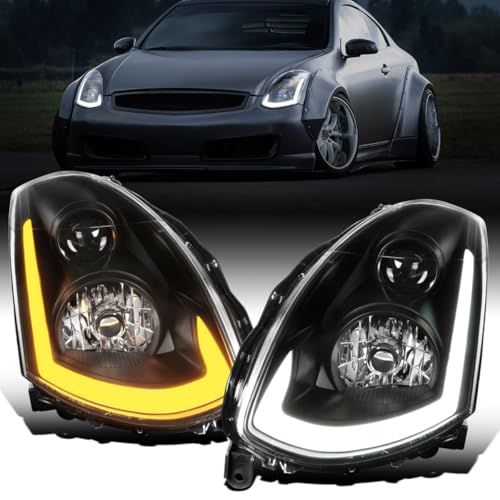 Ronnin-2007 Infiniti G35 Coupe Upgraded Replacement LED Switchback Sequential Turn Signals Xenon HID Projector Headlights Assembly Pair | Black