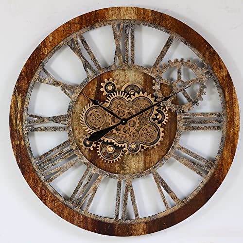 The Gears Clock 36'' Inch Real Moving Gear Wall Clock Vintage Industrial Oversized Rustic Farmhouse (Vintage Brown)