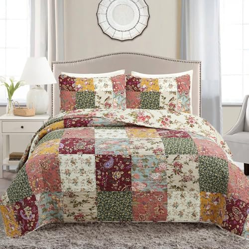 Cozy Line Home Fashions 100% Cotton Luxury Floral Paisley Burgundy Red Patchwork Reversible Quilt Bedding Set, Coverlet, Bedspread (Antique Chic, Queen - 3 Piece)