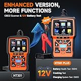 FOXWELL NT301 Plus 2 in 1 OBD2 Scanner Battery Tester, OBDII Diagnostic Tool Check Engine Car Code Reader, 12V 100-1100CCA Cranking Charging System Alternator Test, Live Data, Full ODB2 Diagnosis