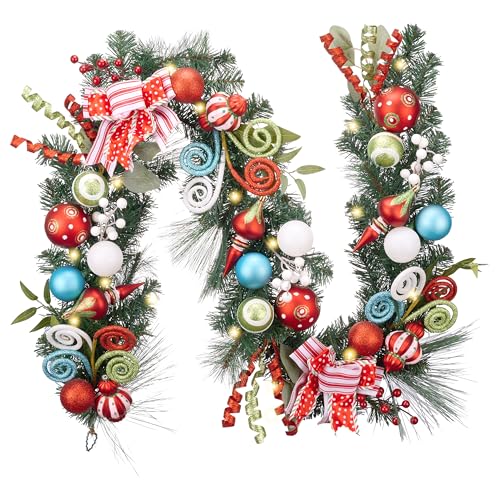 Valery Madelyn 6 feet Pre-Lit Christmas Garland with Lights for Mantle, Lighted Battery Operated Elf Xmas Garland with Red Green Balls for Front Door Fireplace Table Centerpiece Outdoor Home Decor