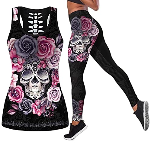DRZHEAM Women 2 Piece Casual Skull Outfits 3D Printed Hollow Out Tank Tops Yoga Leggings Jogger Sets Activewear