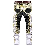 COOSVEN Mens Printed Jeans - Premium Jeans for Men Slim Fit - Skinny Stretch Denim Printed Pants for Men (white-black-yellow584, 32)