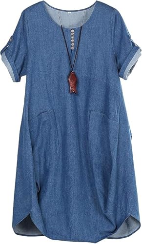 Minibee Women's Ruffle Oversize Casual Midi Dresses with Pockets (M, Denim Blue)