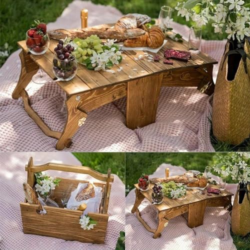 MYELJO Wooden Outdoor Folding Picnic Basket Table, Folding Picnic Table with Wine Glass Holder, 2-in-1 Picnic Table Convertible Storage Wooden Basket, Natural Travel Camping Equipment