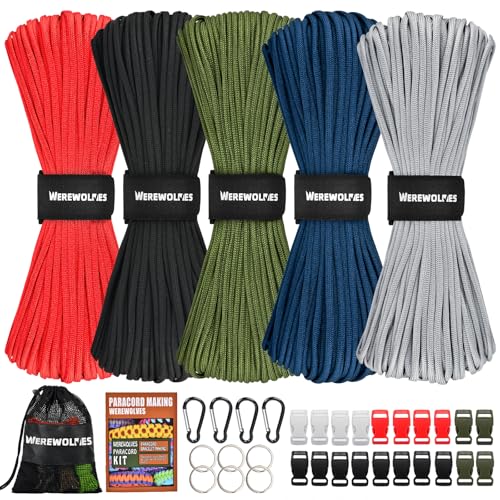 WEREWOLVES 550 Paracord Kits 100ft Each Color - 5 Colors Parachute Cord Combo 7 Strand Type III Parachute Cord 4mm for Crafting, Dog Collar, Survival Bracelets (Force, 100FT Each Color)