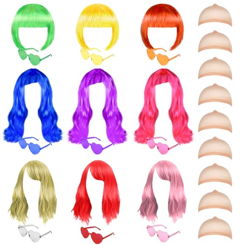 XLSXEXCL 27 Pieces Colored Wigs Funky Colorful Wigs Three Styles Neon Party Wigs with Heart Shape Sunglasses and Wig Cap for Women Cosplay Bachelorette Party,Halloween