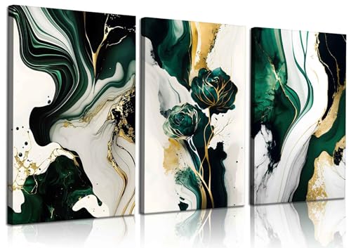 3Pcs Framed Emerald Green Wall Art, Modern Green and Gold Abstract Marble Canvas Wall Art Paintings Prints Posters Wall Decor Pictures for Living Room Bedroom Office Home Decoration, Ready to Hang