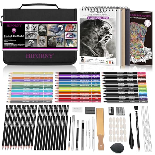 HIFORNY 100 PCS Drawing & Sketching Set, Professional Art Supplies with Graphite,Charcoal, Colored,Watercolor,Metallic Pencils,Blending Tools,Sketchbook and Coloring Book in Zipper Case (Black)