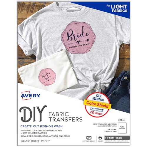 Avery Printable Heat Transfer Paper for Light Fabrics, 8.5" x 11", Inkjet Printer Compatible, 18 Sheets of Iron On Transfer Paper, Great for Custom Shirts, Uniforms, Gifts, and More (8938)
