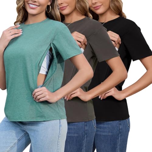Ecavus Women's 3-Pack Nursing Shirts for Breastfeeding with Hidden Zippers Loose Fit Maternity Tops
