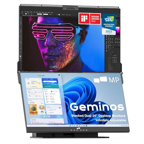 Mobile Pixels Geminos Dual 24" Stacked Computer Monitors with 1080P Webcam&Speakers, 65W USB-C Charging, All-Inclusive Vertical Desktop Monitor, HDMI/USB-A/USB-C, Infinitely Adjustable (2 Monitors)