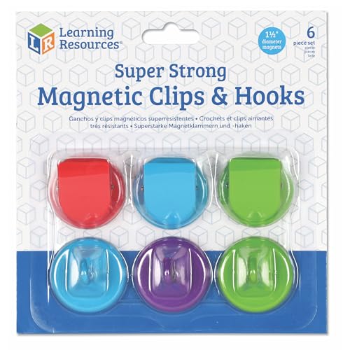 Learning Resources Super Strong Magnetic Hooks & Clips, Classroom Hook and Clips, Four Colors, Homeschool Supplies, Office Supplies, 6 Pieces