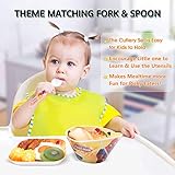 4 Pcs Set Cartoon Durable Tableware Meal Dishes Mealtime Food Feeding Eating Set includes Dinner Serving Bowl Plate Cup with a Matching Spoon and Fork