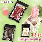 Funfery 300 Pack 3 Size Mylar Holographic Bags with Clear Window,Resealable Bags Smell Proof Bags Zipper Foil Bags Packaging Pouch for Food Storage,Sample,Small Business(Black,3x4.7,4x6,4.7x7.9in)