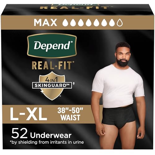Depend Real Fit Incontinence Underwear for Men, Disposable, Maximum Absorbency, Large/Extra Large, Grey, 52 Count (2 packs of 26), Packaging May Vary