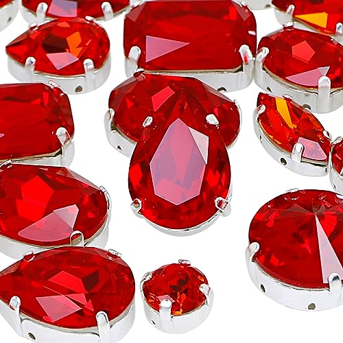 DONGZHOU Fancy Stone with Setting Red Sew On Rhinestones 82 pcs Mixed Shapes Light siam Sewing Crystal Stone with 4 Hole Silver Setting for Jewelry Making Crafts Clothes Wedding Dress Handbags