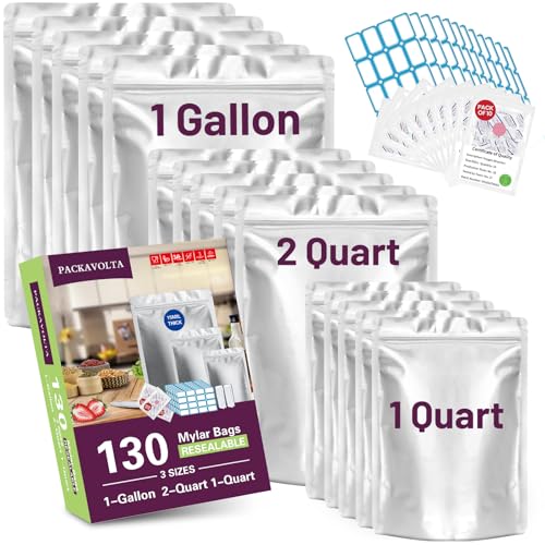 130Pcs Mylar Bags with 500cc Oxygen Absorbers for Food Storage, 15 Mil Thick Long-Term Food Storage Bags in 3 Sizes - 1 Gallon, 2 Quart, 1 Quart - Stand-Up Zipper Resealable & Heat Sealable Bags