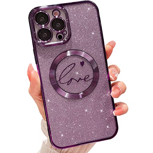 MGQILING Compatible with iPhone 13 Pro Max Magnetic Glitter Case-6.7 Inch, Luxury Love Heart Pattern Plating Clear Case, Compatible with MagSafe for Women Girls Shockproof Back Cover-Purple