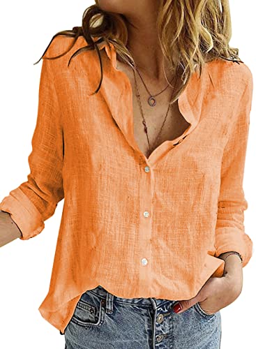 Astylish Linen Top for Women Solid Color Lightweight Comfy Blouses & Button-Down Shirts Orange XX-Large