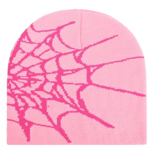 Supaico Men Women Y2K Beanies Gothic Spider Pattern Knitted Hat Winter Warm Beanies Casual Outdoor Skull Cap, Pink Red Web