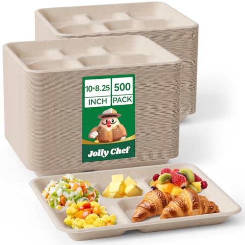 JOLLY CHEF Compostable 𝟱 Compartment Paper Plates 𝟭𝟬 * 𝟴 𝗶𝗻𝗰𝗵 [𝟱𝟬𝟬 𝗣𝗮𝗰𝗸] Heavy Duty Divided Disposable Eco-Friendly Biodegradable Containers Food Trays for Dinner School Buffet(Brown)