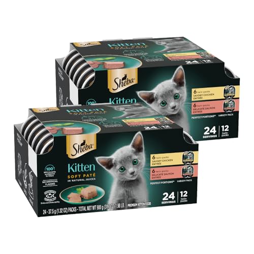 Sheba Perfect Portions Kitten Wet Cat Food Pate Chicken Entree and Salmon Entree, 2.6 oz. Twin-Pack Trays (12 Count, 24 Servings) (Pack of 2)