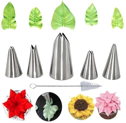 MDLJG 6 Pcs Leaf Piping Icing Nozzle, Cake Decorating Tube Tips Set, Leaves Stainless Steel Icing Piping Nozzles for Pastry Fondant DIy Baking Tools with Cleaning Brush (Leaf)