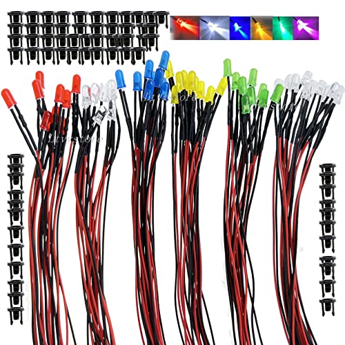 Ltvystore 60Pcs 3MM 3Volt Prewired LED Diode 6 Colors LED Lamp Light Bulb Emitting Diodes + 60Pcs 3mm LED Clip Holder Panel Mount Black