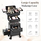 JINGUAN 4 in 1 Rolling Makeup Case with Drawers, Multi-functional Cosmetic Trolley with Wheels and Keys, Large Storage Traveling Cart Trunk for Nail Technicians, Makeup Artist and Hairstylist, Black