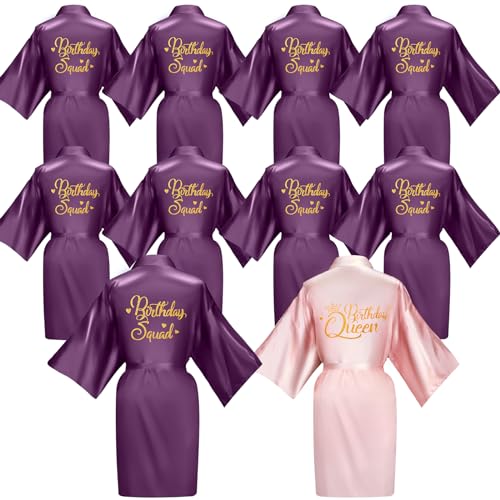 Newcotte 10 Pcs Women's Birthday Party Robes Silk Kimono Robe with Gold Glitter Squad Queen Satin Gown (Pink, Dark Purple)
