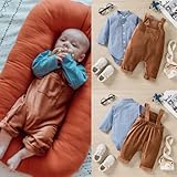 Unutiylo Baby Boys Overalls Linen Clothes 2PCS Set Infant Gentleman Outfits Set Baby Haze Blue Bodysuit Romper Shirt and Ribbed Suspender Pants Brown 3-6 Months