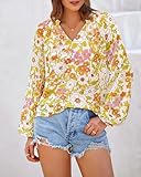 BTFBM Women Casual Boho Blouse Fashion Fall Shirts V Neck Long Puff Sleeve Lightweight Chiffon Spring Summer Tops 2024(Floral Yellow, X-Large)