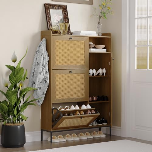 IDEALHOUSE Rattan Shoe Cabinet, 3 Tier Shoe Cabinet with Flip Drawers, Free Standing Narrow Shoe Storage Organizer with Adjustable Shelves, Shoe Rack Cabinet for Entryway, Fence On Top, Natural