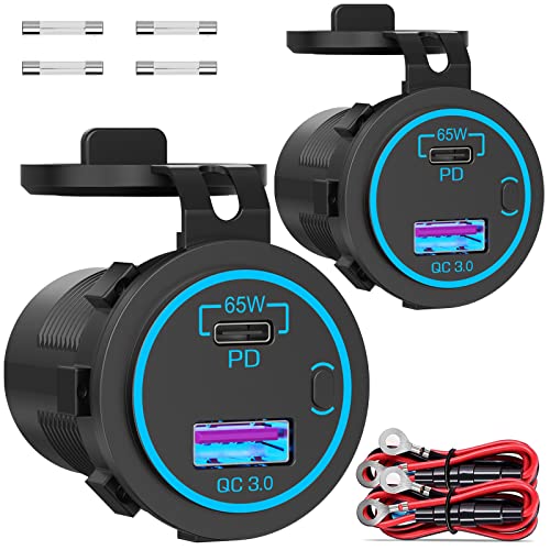 83W 12V USB Outlet Laptop Charger: 2 Pack 65W USB-C PD3.0 and 18W QC3.0 Multi Car USB Port 12V Socket Waterproof with Power Switch for Car Boat Marine Bus Truck Golf Cart RV Moto, etc.