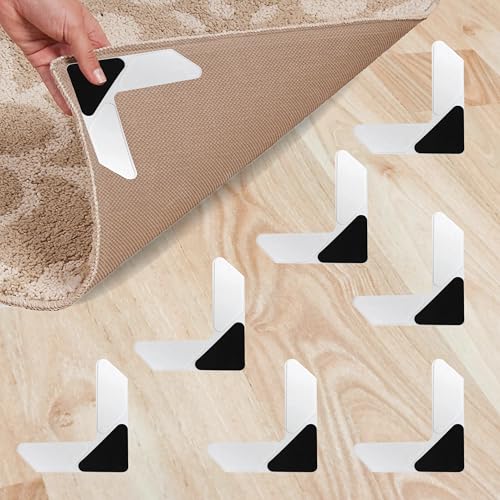 iPrimio Rug Gripper - Pack of 8 Secure Rug Corner Grippers for Indoor and Outdoor Use - Helps Prevent Curling and Slipping - Ideal Carpet Tape to Keep from Curling - 7.5 x 7.5 Inches - White